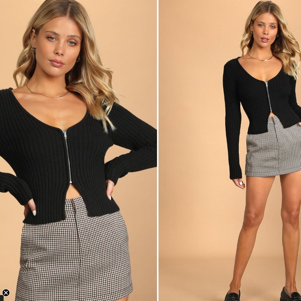Lulus Cozy Situation Black Ribbed Zip-Up Sweater